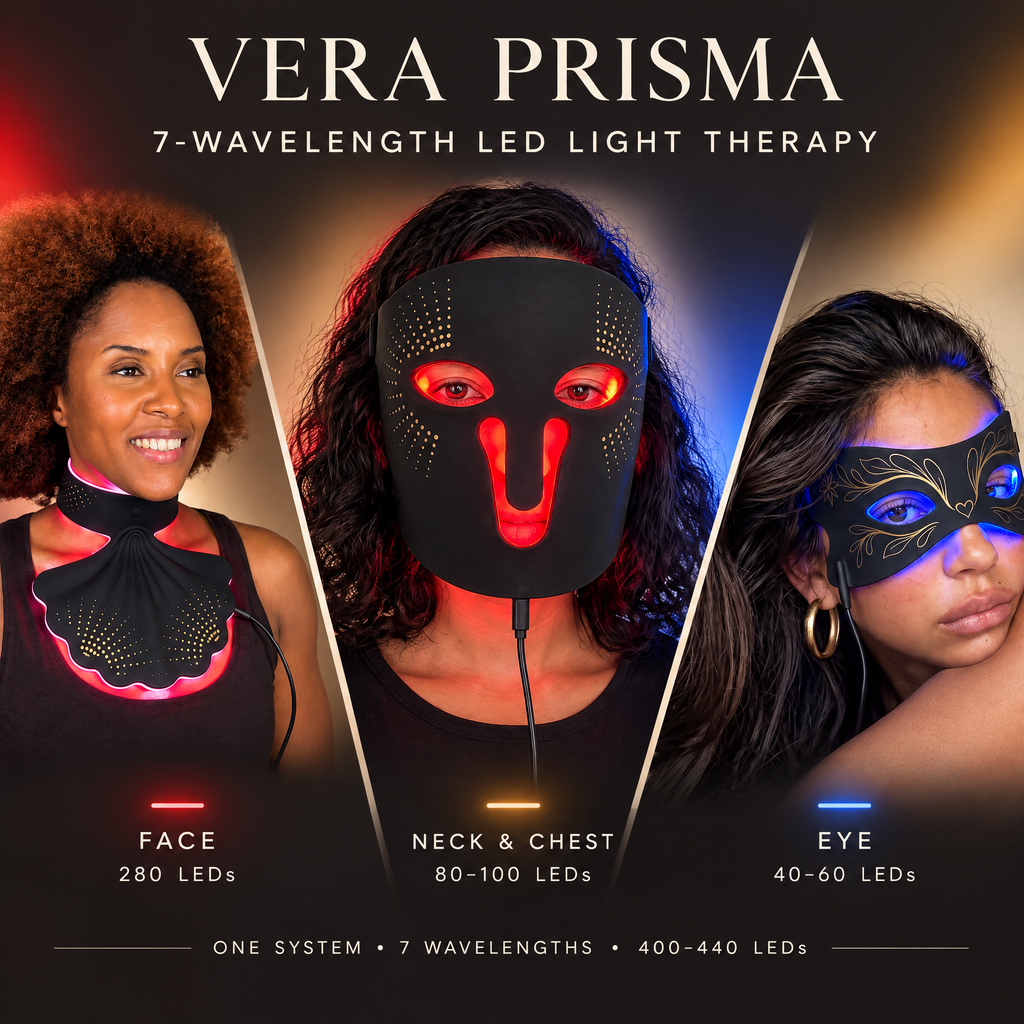 Vera Prisma – 7 Wavelength 3-in-1 Wearable LED Light Therapy System, Face Mask, Neck & Eye Attachments, 400+ LEDs, Red & Near-Infrared Light Therapy