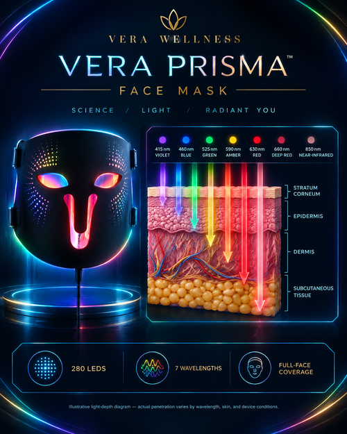 Vera Prisma – 7 Wavelength 3-in-1 Wearable LED Light Therapy System, Face Mask, Neck & Eye Attachments, 400+ LEDs, Red & Near-Infrared Light Therapy