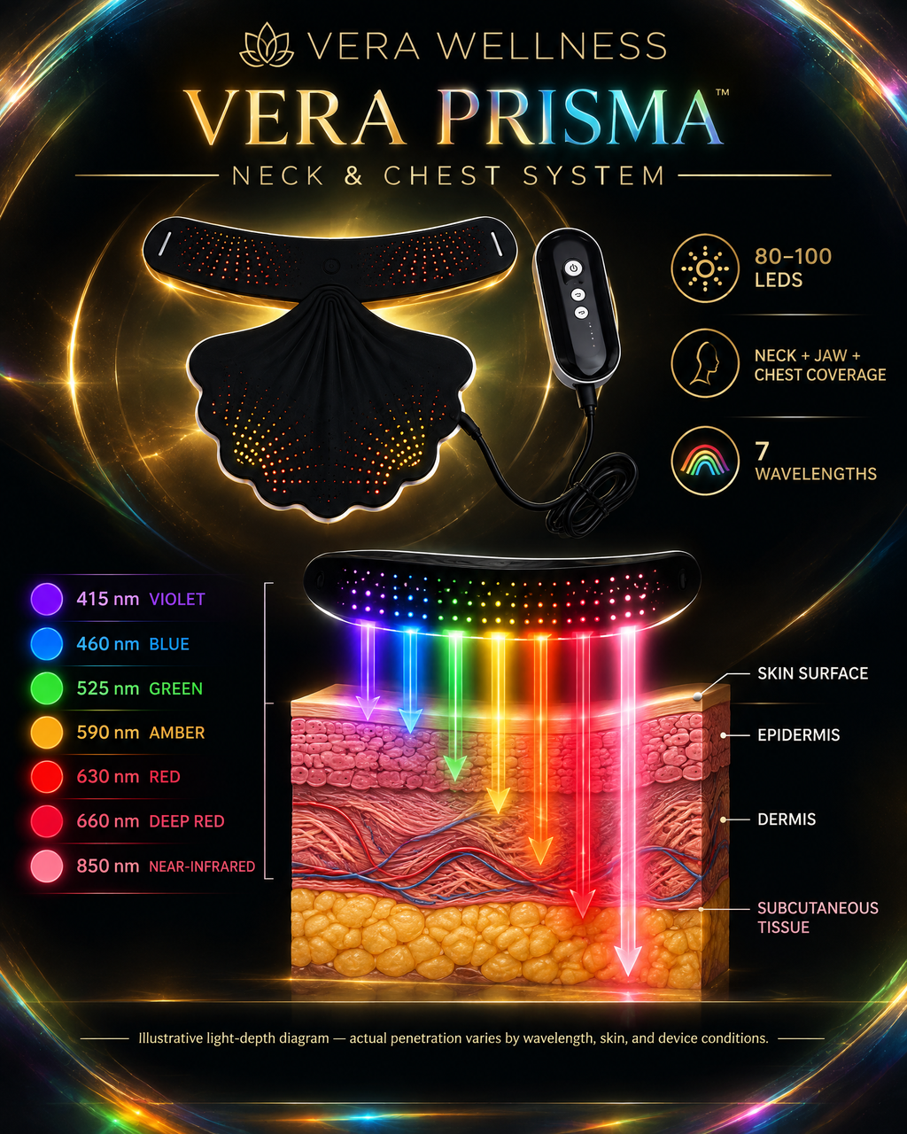 Vera Prisma – 7 Wavelength 3-in-1 Wearable LED Light Therapy System, Face Mask, Neck & Eye Attachments, 400+ LEDs, Red & Near-Infrared Light Therapy