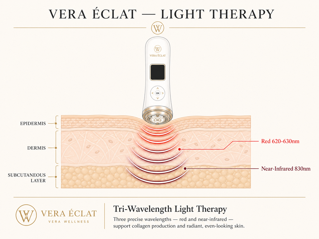 VERA ÉCLAT™  Medical-Grade 3-in-1 RF, Microcurrent & Tri-Wavelength LED Facial System  Clinical-grade technology. One refined device. Visible, consistent results at home — no appointments, no downtime, no guesswork.