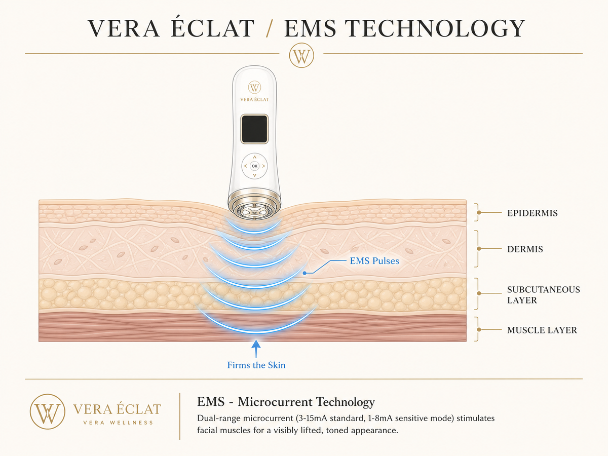 VERA ÉCLAT™  Medical-Grade 3-in-1 RF, Microcurrent & Tri-Wavelength LED Facial System  Clinical-grade technology. One refined device. Visible, consistent results at home — no appointments, no downtime, no guesswork.